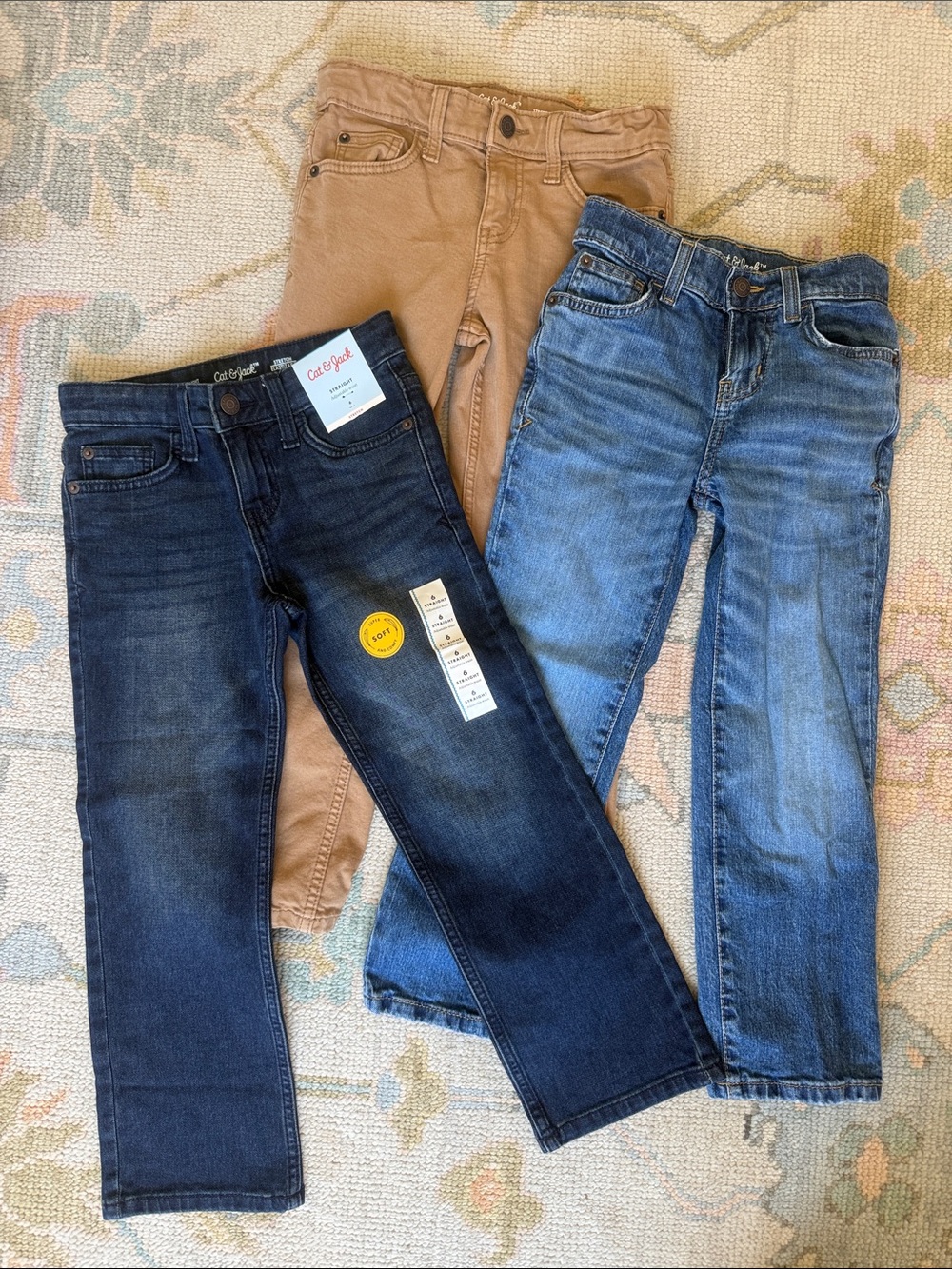 Cat & Jack Boys' Jeans Trio — Dark Blue, Light Blue & Tan Boys 6